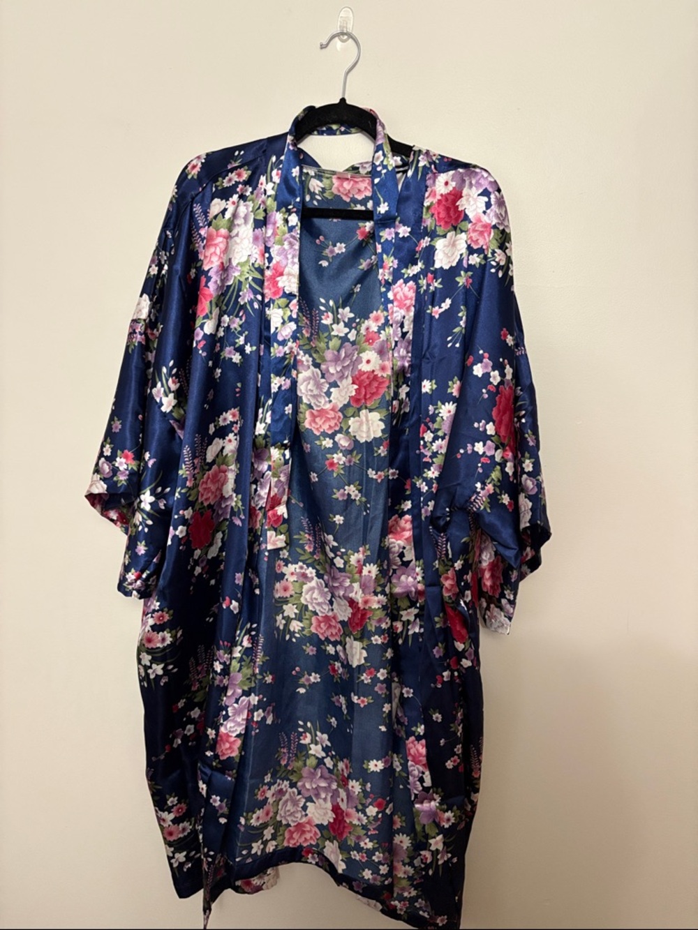 Floral Satin Kimono Robe - Navy with Pink Floral